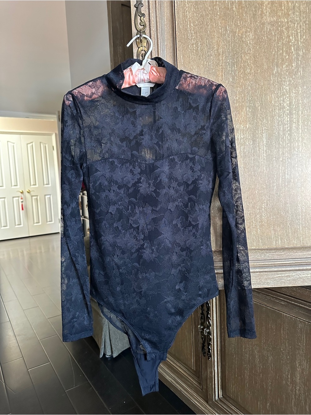 H&M Black Sheer Lace Long-Sleeve Bodysuit EUC Size S Perfect Nightwear for Clubs